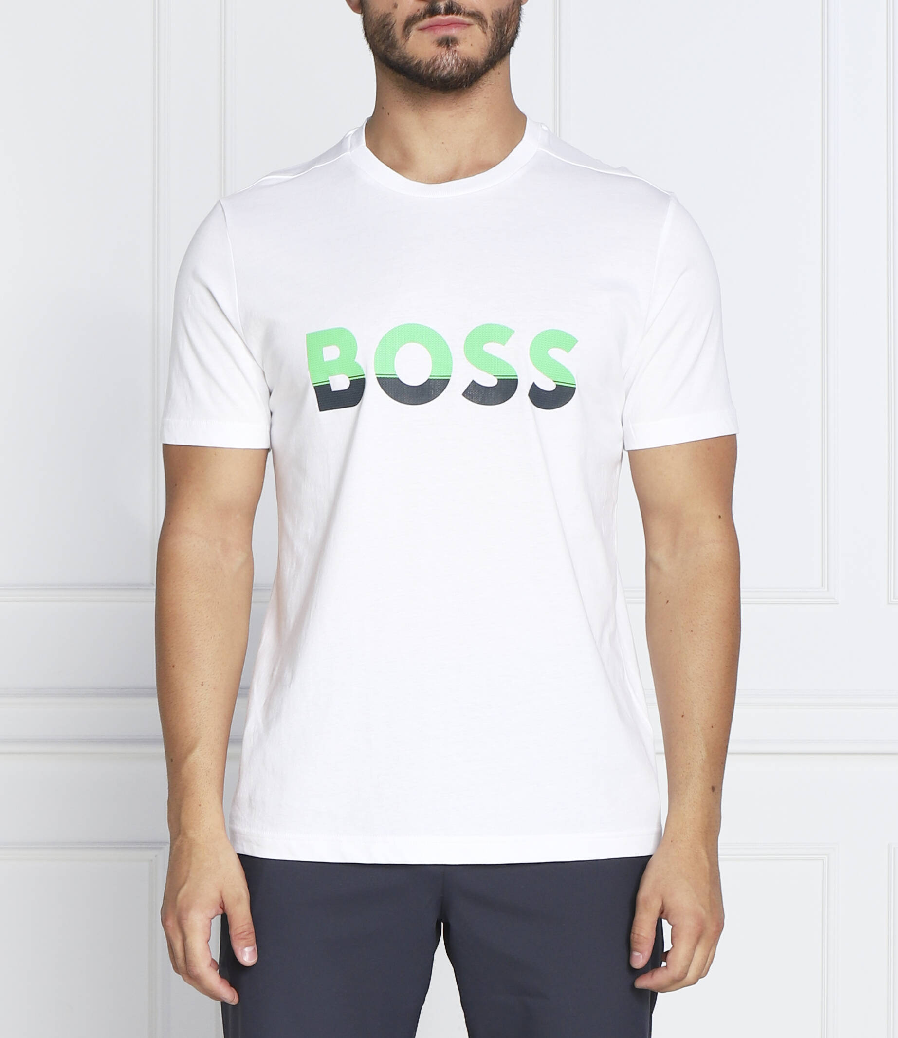 Hugo Boss Green Label Men s White Textured Logo Crew Neck Short Sleeve AswaqHamam